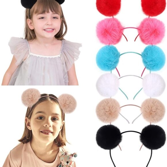 6 Pcs Bear Ears Headbands Fluffy Pom Poms Soft Cosplay Costume Hair Accessory